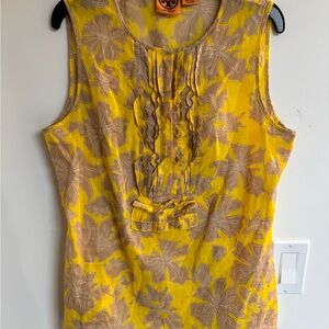 Tory Burch Yellow and Beige Floral Ruffle-Front Sleeveless Top